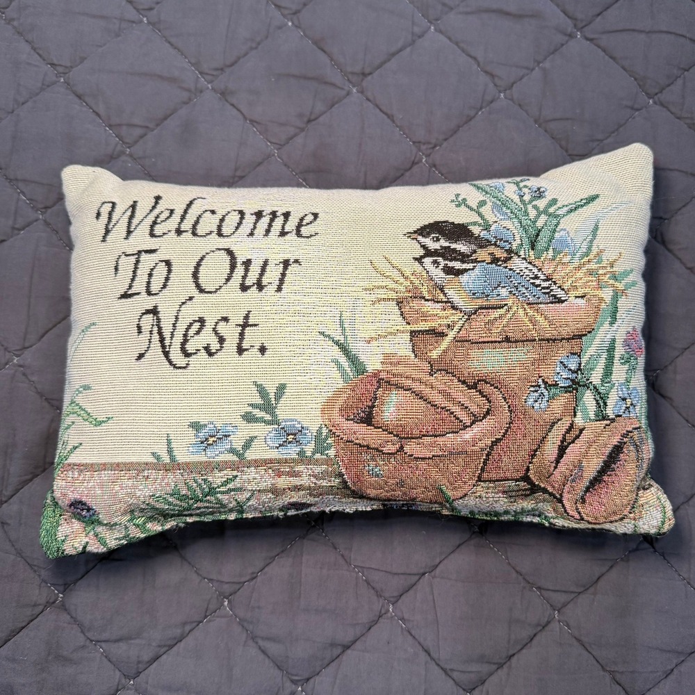 Vintage Needlepoint Bird Welcome‎ Pillow Cottage Farmhouse Decor Cozy Rustic